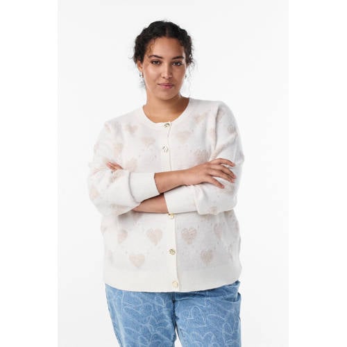 Zizzi gebreid vest met hartjes ecru afbeelding