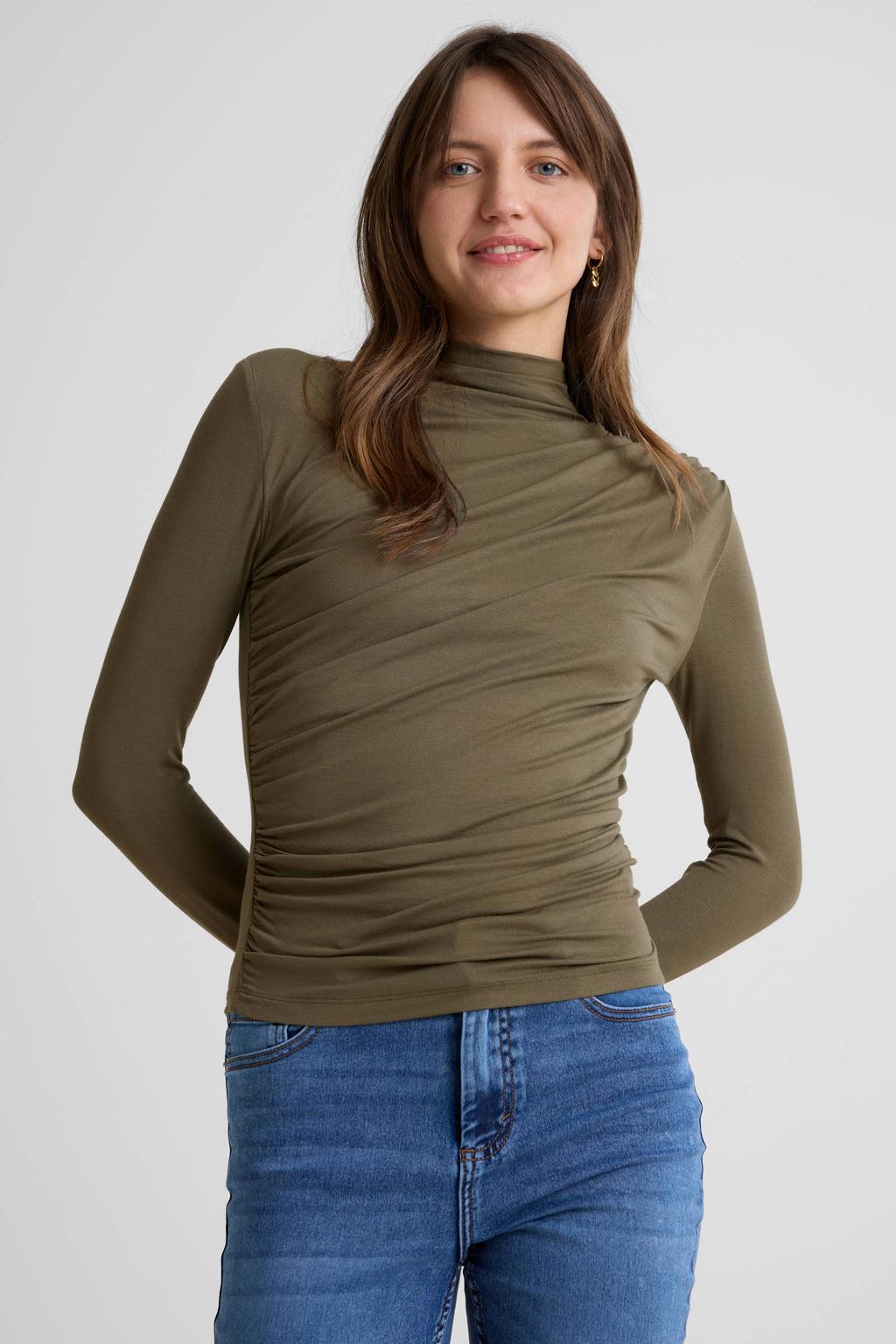Kakikleurige dames Anytime jersey top detail van viscose met effen, lange mouwen en plooien