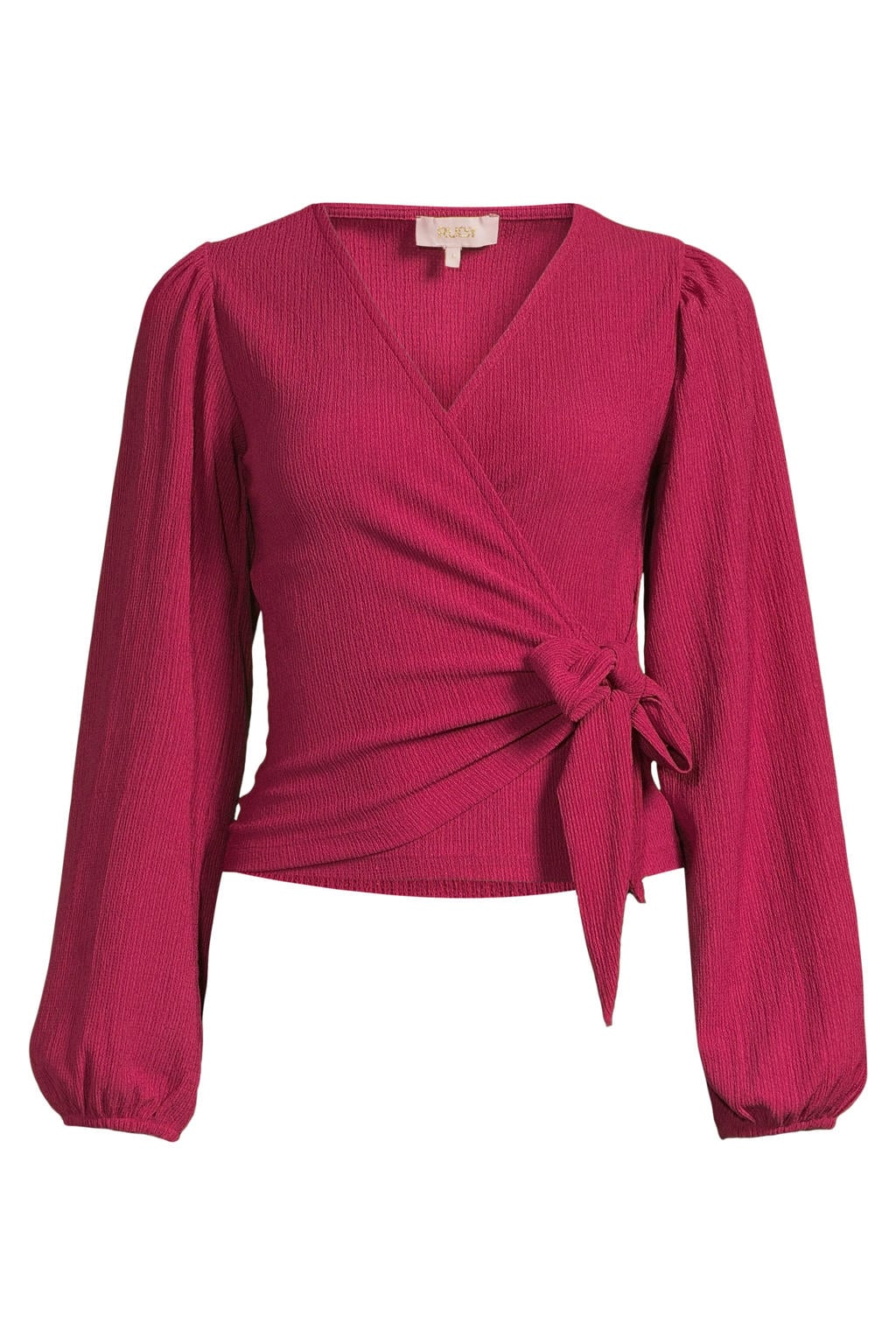 Donkerrode dames Ruby crinkle overslag top van polyester met effen en lange mouwen