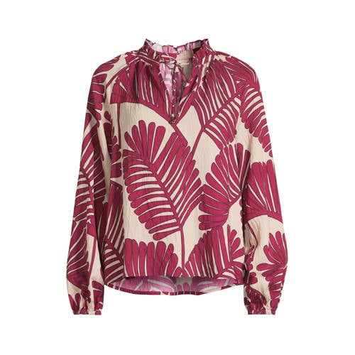 Ruby blouse met bladprint bordeauxrood afbeelding