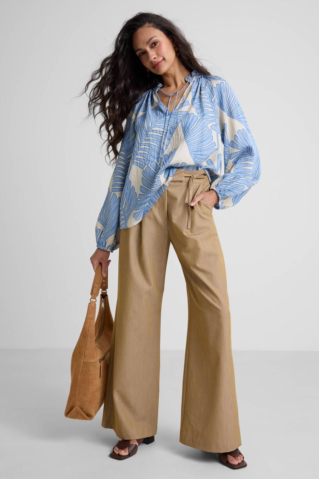 Beige dames Ruby wide leg broek met high waist, rits- en knoopsluiting en effen