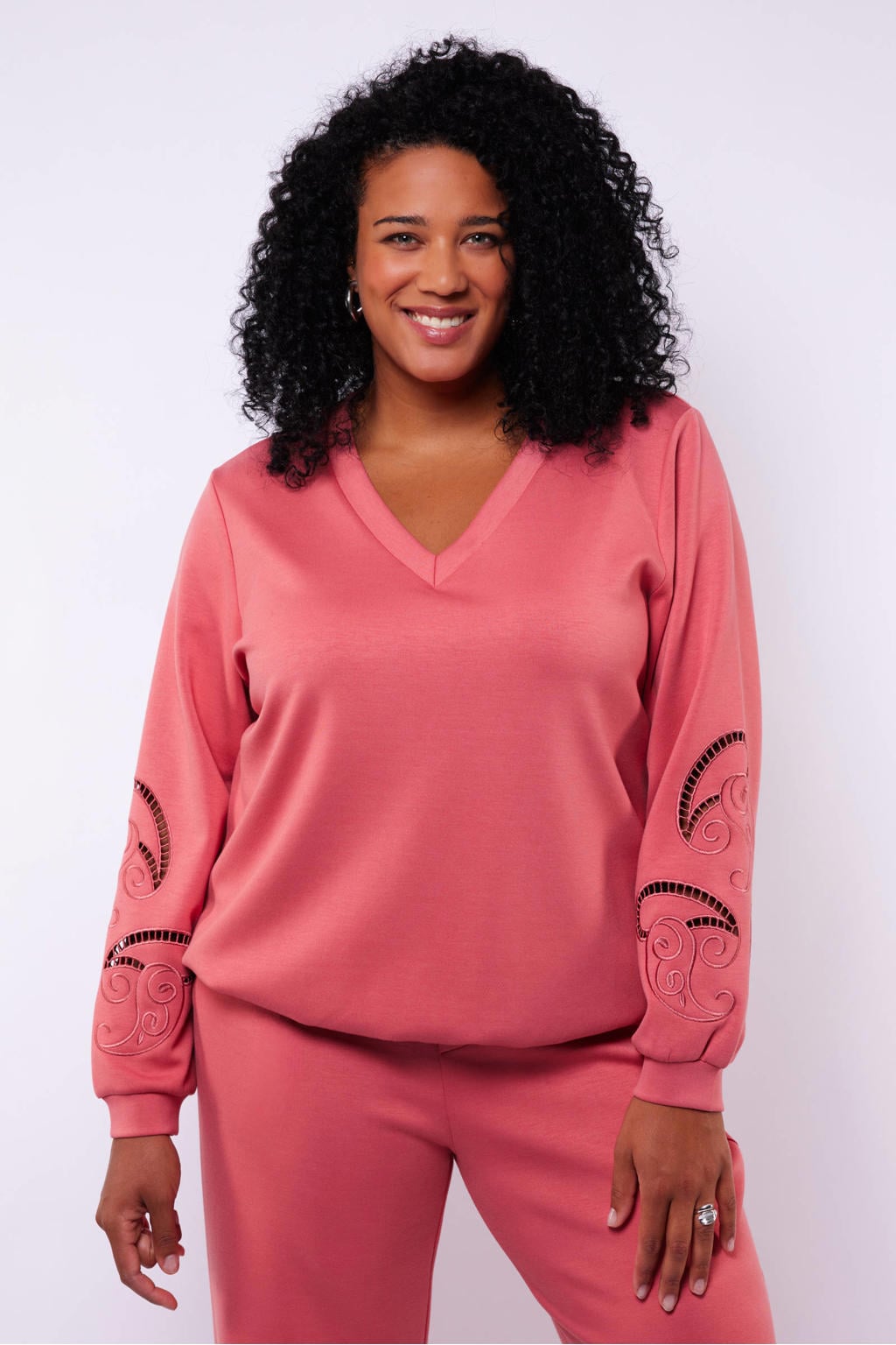 Roze dames Exxcellent sweater broderie van polyester met effen, lange mouwen en V-hals