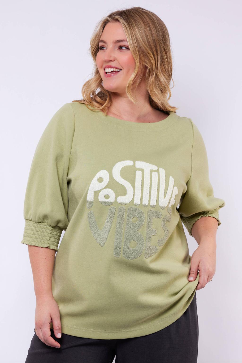 Lichtgroene dames Exxcellent sweater van katoen met printopdruk, half lange mouwen en ronde hals