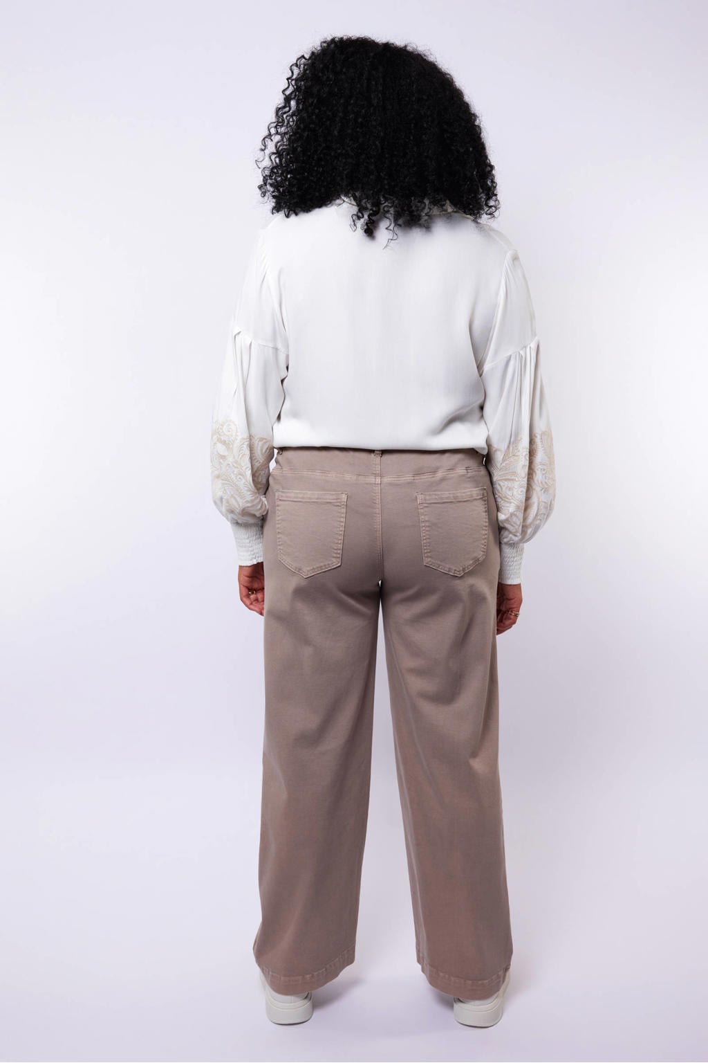 Taupe dames Exxcellent high waist straight leg jeans van denim met rits- en knoopsluiting en effen
