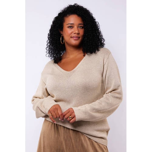 Exxcellent gebreide trui zand met lurex afbeelding