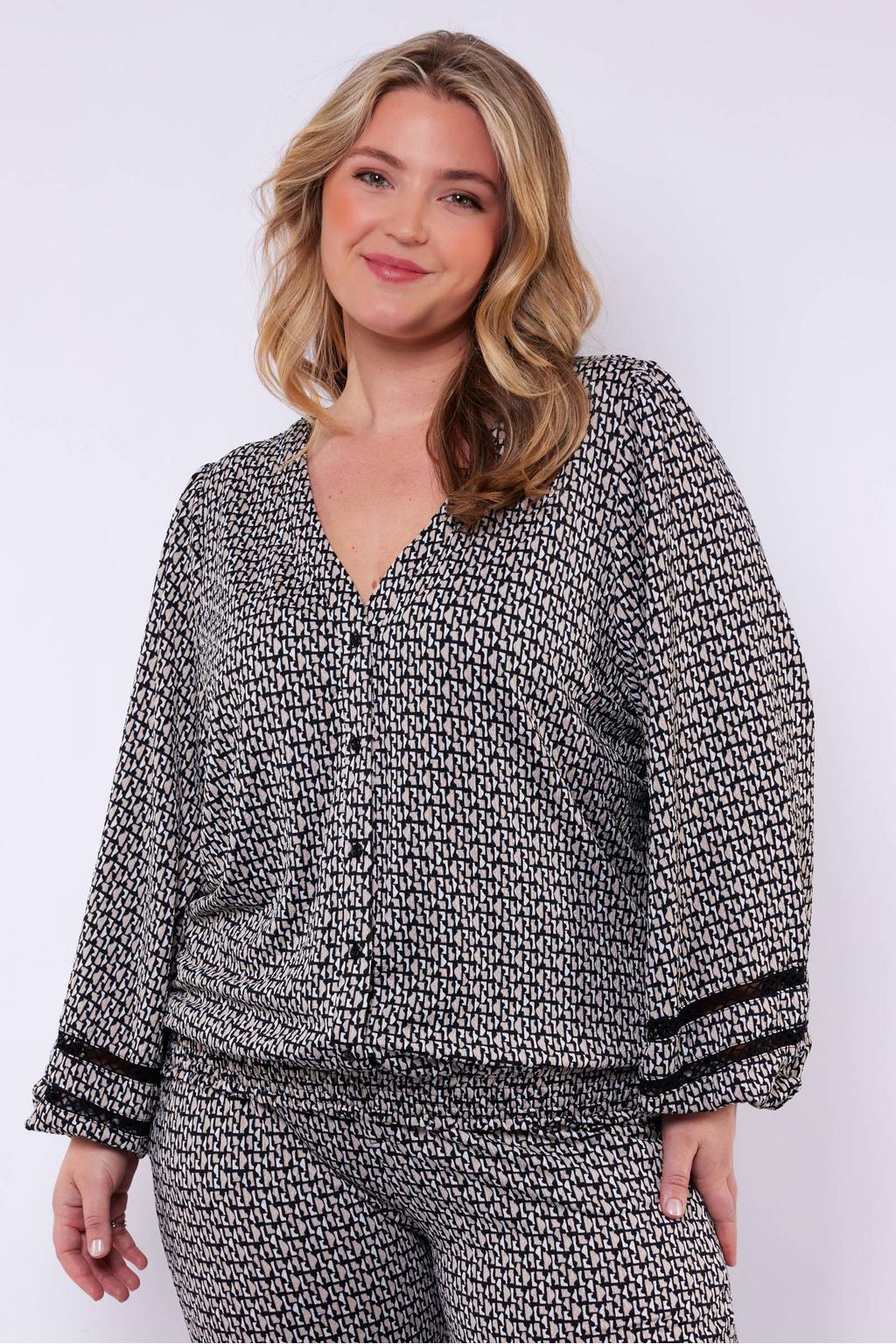 Zwart en ecru dames Exxcellent blouse van polyester met lange mouwen, V-hals en knoopsluiting