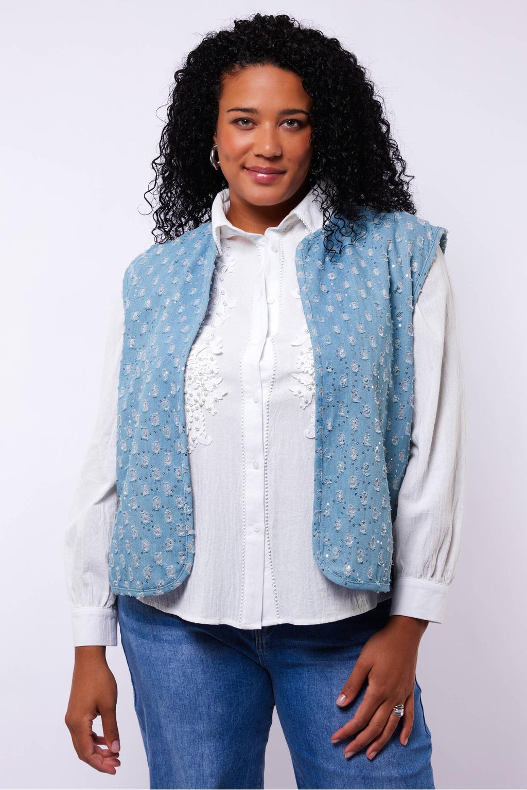 Lichtblauwe dames Exxcellent gilet van katoen met effen en ronde hals