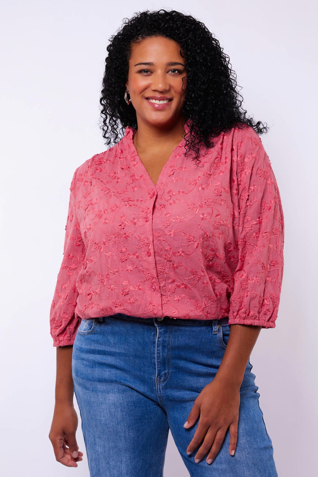 Roze dames Exxcellent blouse van katoen met driekwart mouwen, V-hals, knoopsluiting en borduursels
