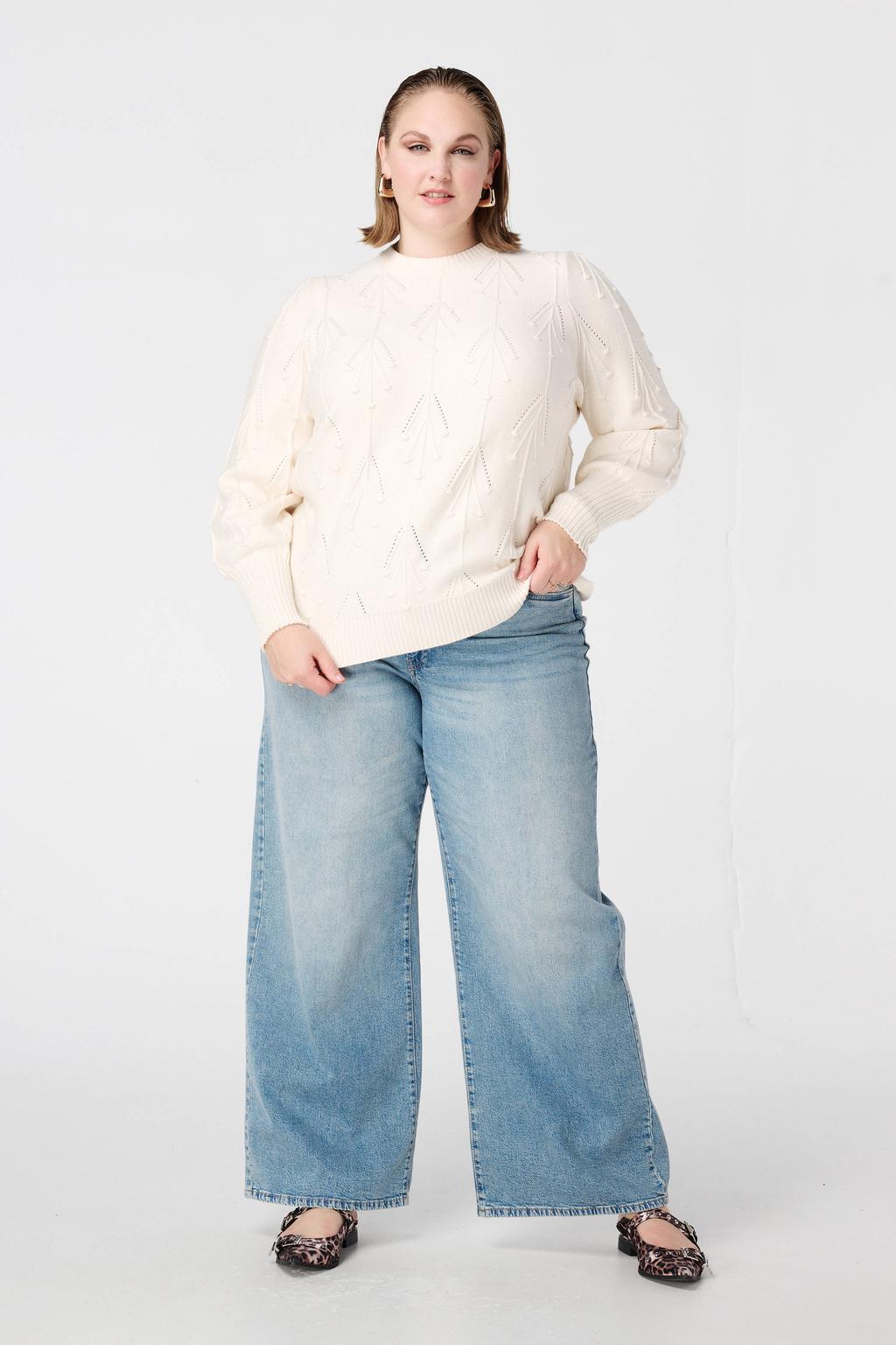Ecru dames MS Mode pullover van viscose met effen, lange mouwen, klassieke kraag en borduursels