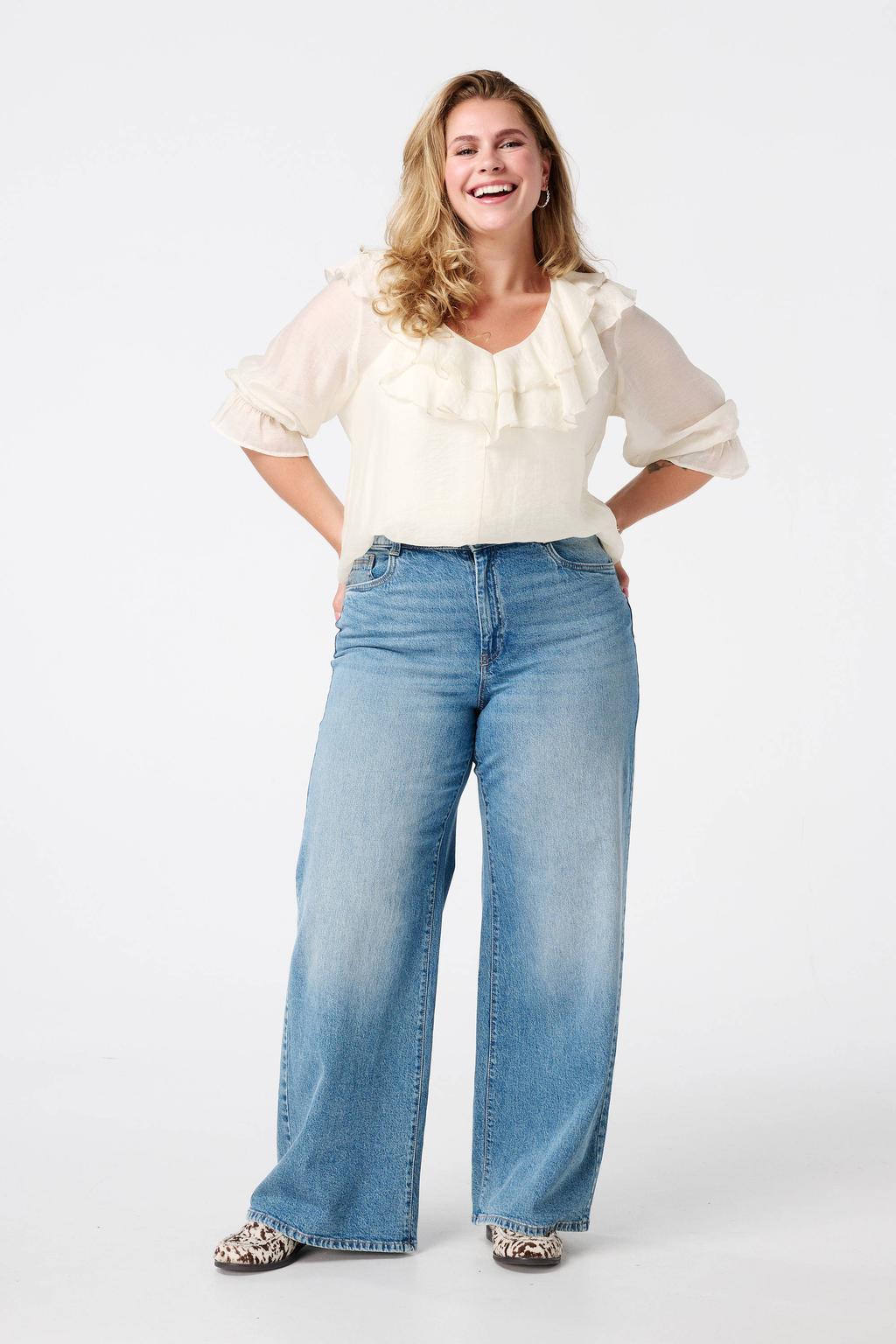 Light blue denim dames MS Mode high waist wide leg jeans van denim met rits- en knoopsluiting en effen