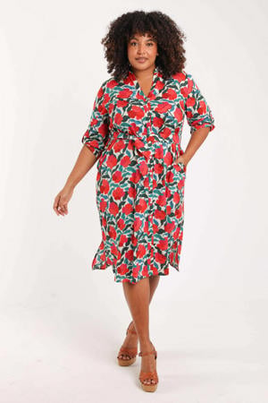 viscose gebloemde blousejurk met ceintuur, Plus Size - rood