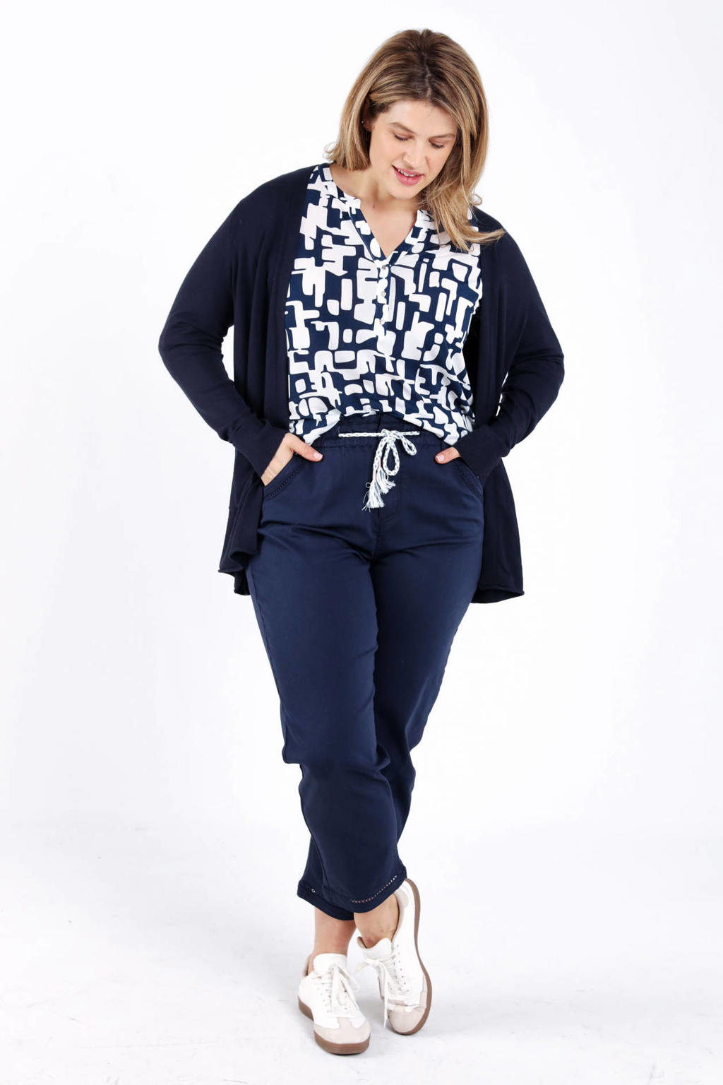 Marineblauw dames Paprika vest Plus Size blauw van viscose met effen en lange mouwen