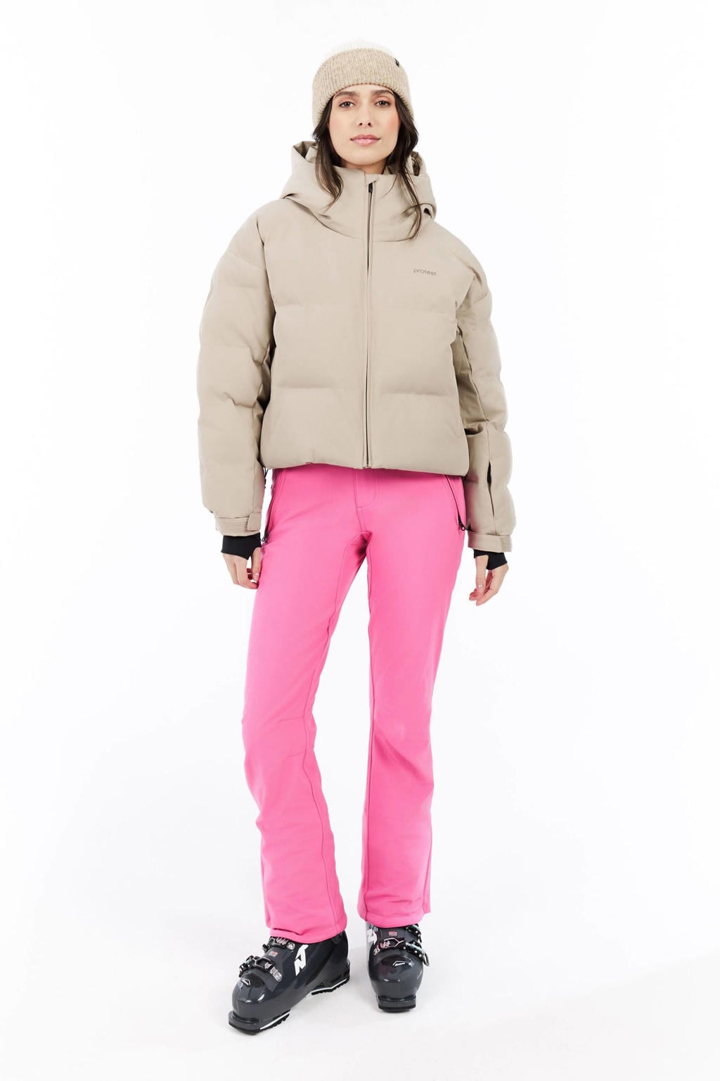 Beige dames Protest ski-jas PRTVox van polyester met effen, capuchon en ritssluiting