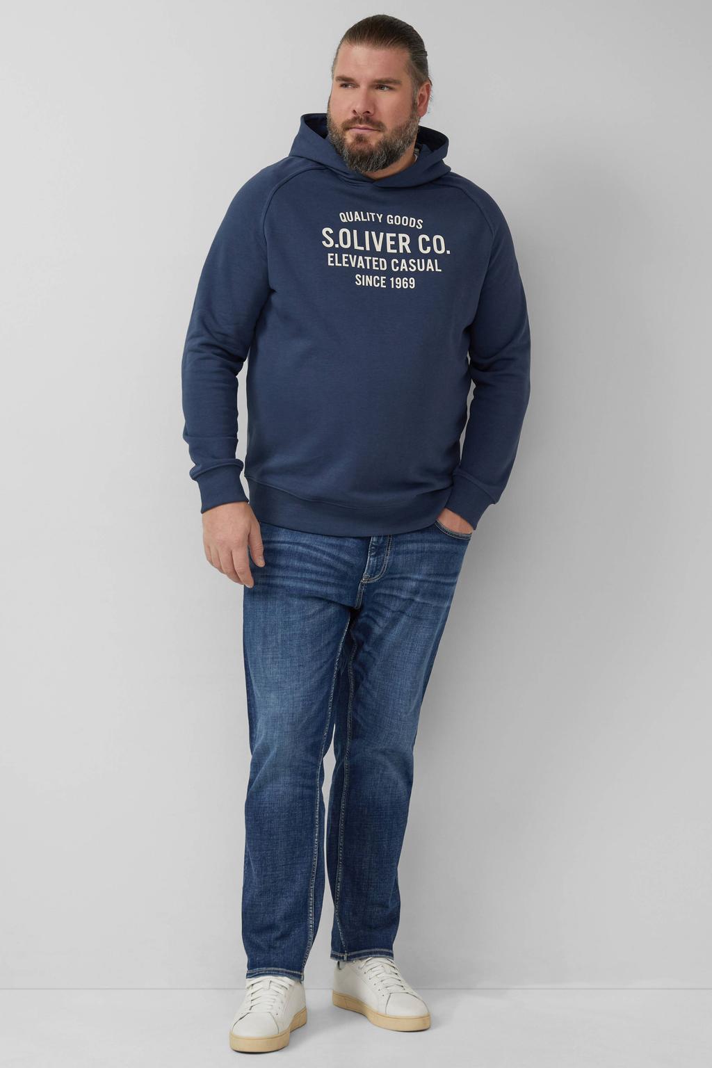 Donkerblauwe heren s.Oliver Big Size hoodie van sweat materiaal met printopdruk, lange mouwen en capuchon