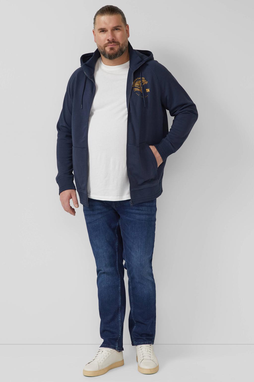 Donkerblauwe heren s.Oliver Big Size sweatvest met printopdruk, lange mouwen en capuchon
