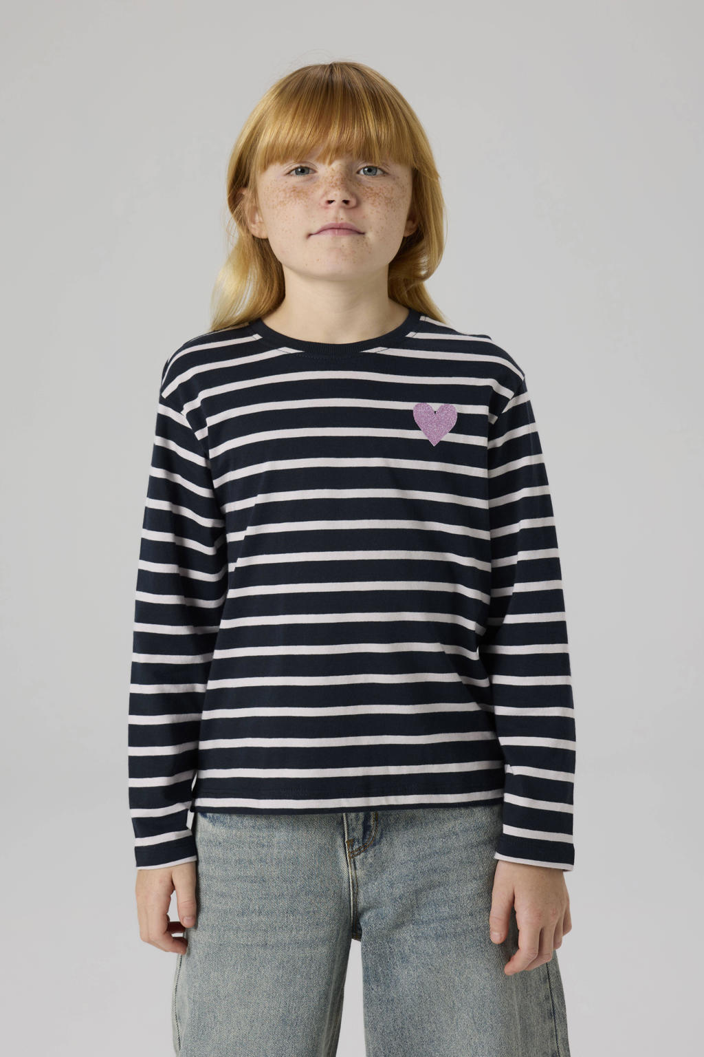 Donkerblauw en witte meisjes NAME IT KIDS gestreepte longsleeve van katoen met lange mouwen en ronde hals