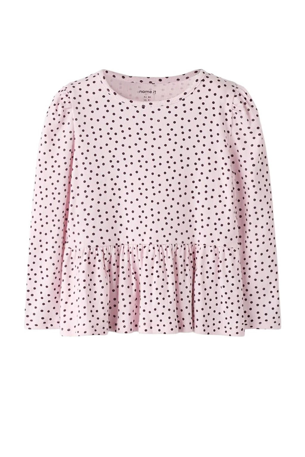 Roze en paarse meisjes NAME IT MINI blousetop van stretchkatoen met stippenprint, lange mouwen, ronde hals en plooien