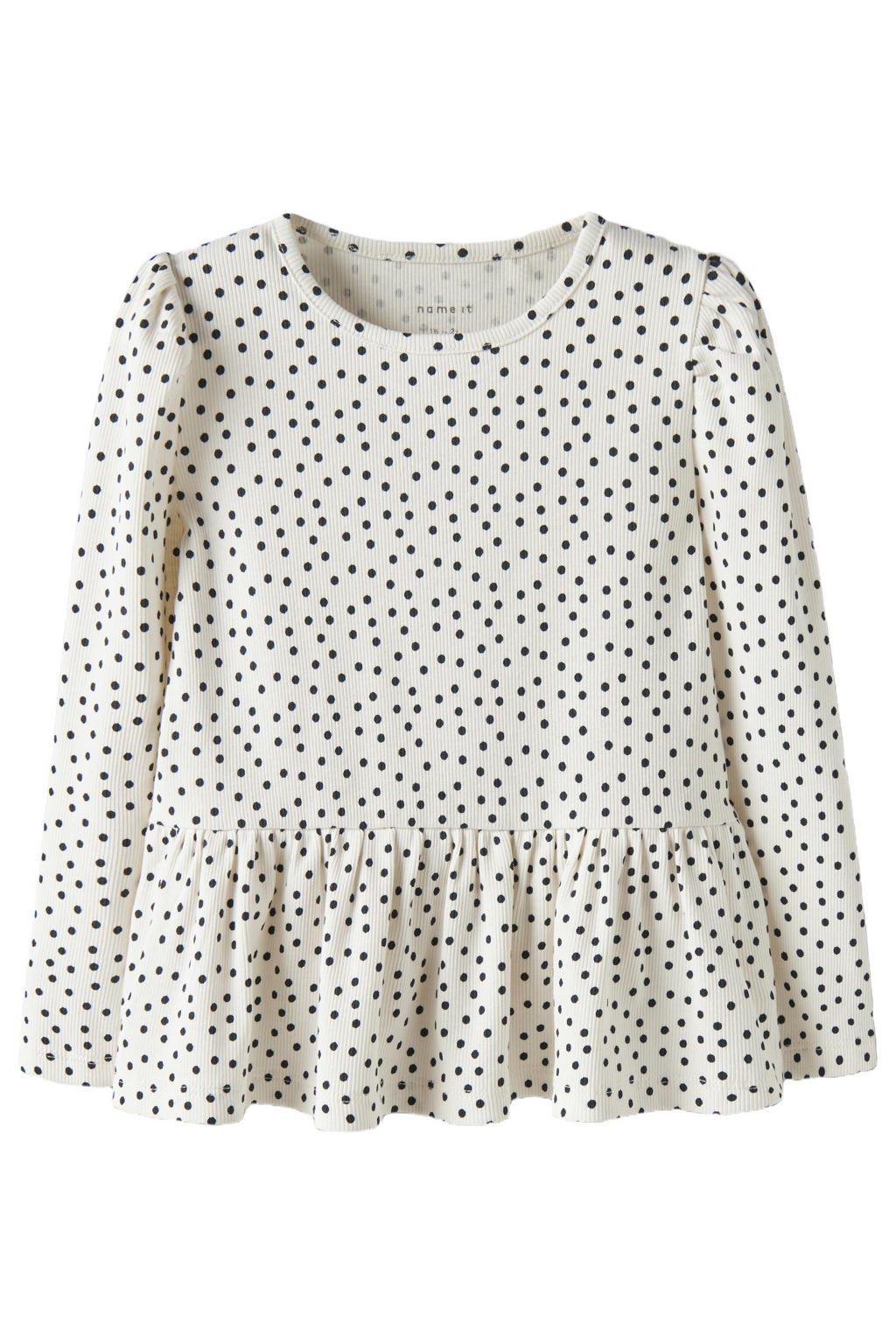 Wit en donkerblauwe meisjes NAME IT MINI blousetop van stretchkatoen met stippenprint, lange mouwen, ronde hals en plooien