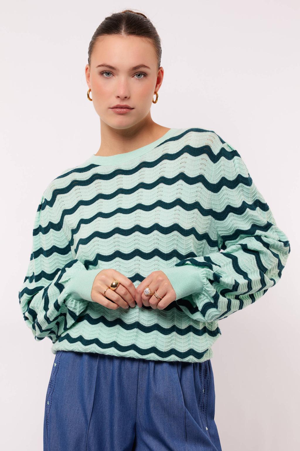 Mintgroen en groene dames FLURESK gestreepte pullover ajour van polyester met lange mouwen en ronde hals