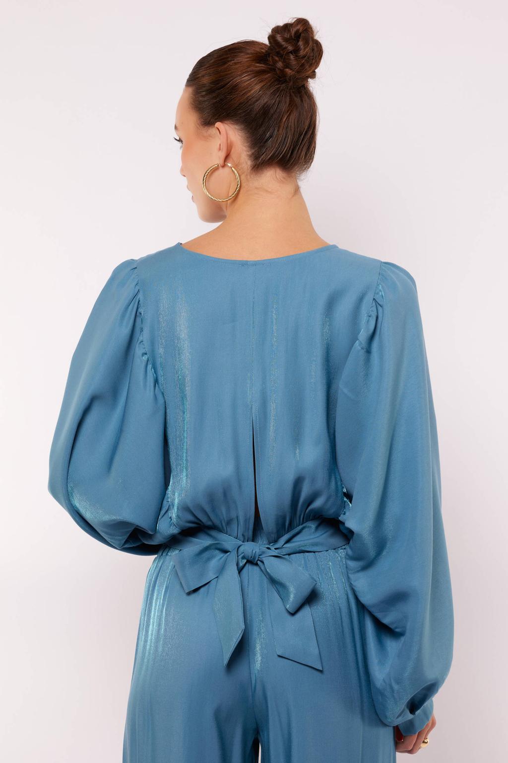 Blauwe dames FLURESK blousetop van rayon met effen, lange mouwen, ronde hals, striksluiting en strikje