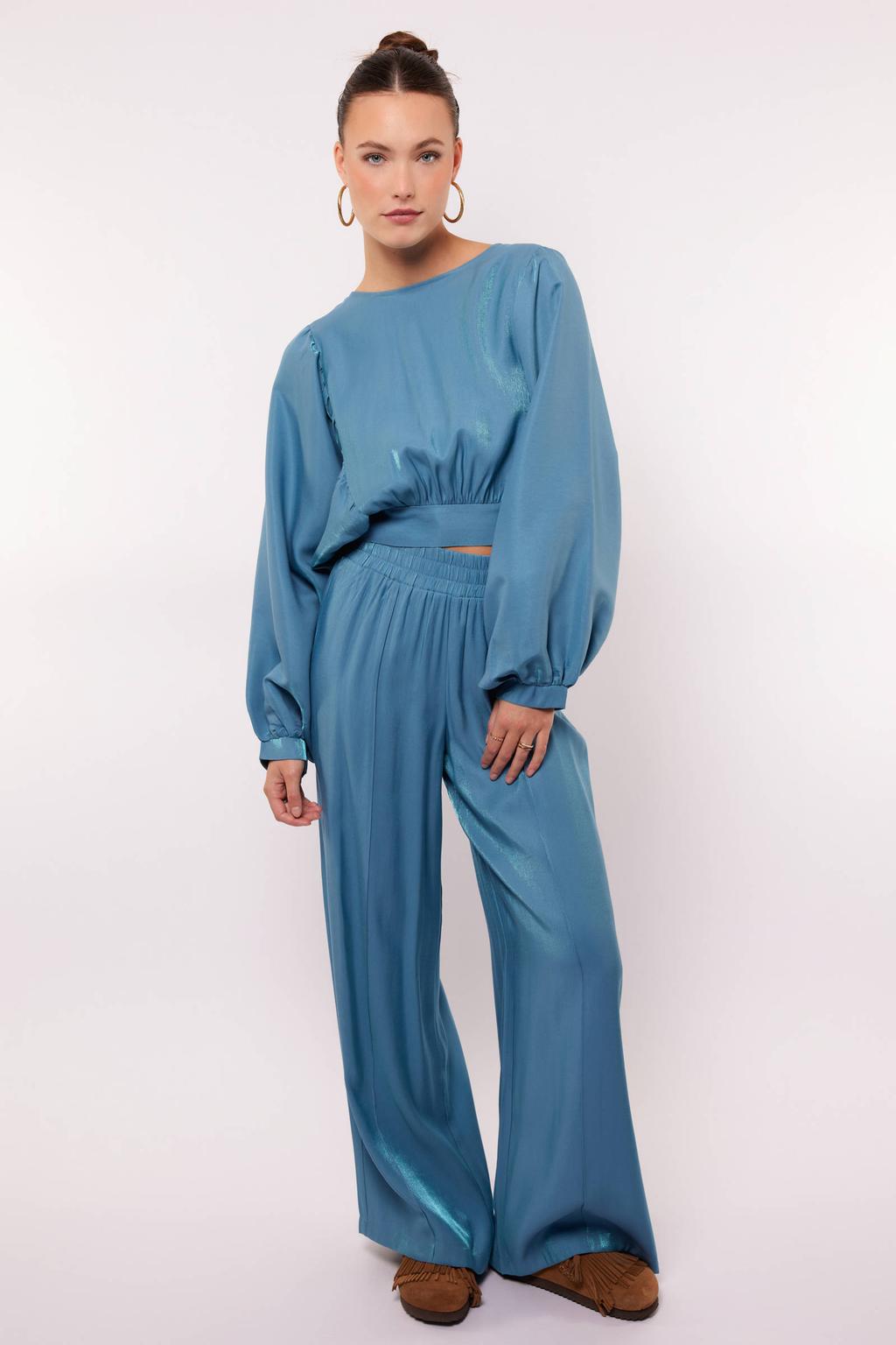 Blauwe dames FLURESK wide leg high waist casual broek van rayon met effen