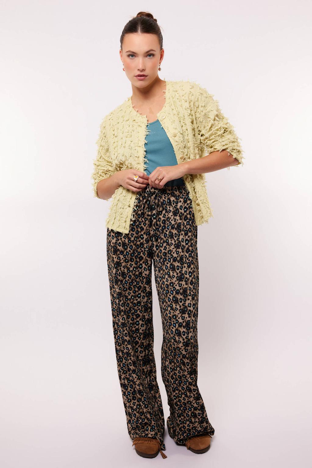 Bruin en blauwe dames FLURESK wide leg regular waist broek met elastische tailleband met koord en dierenprint