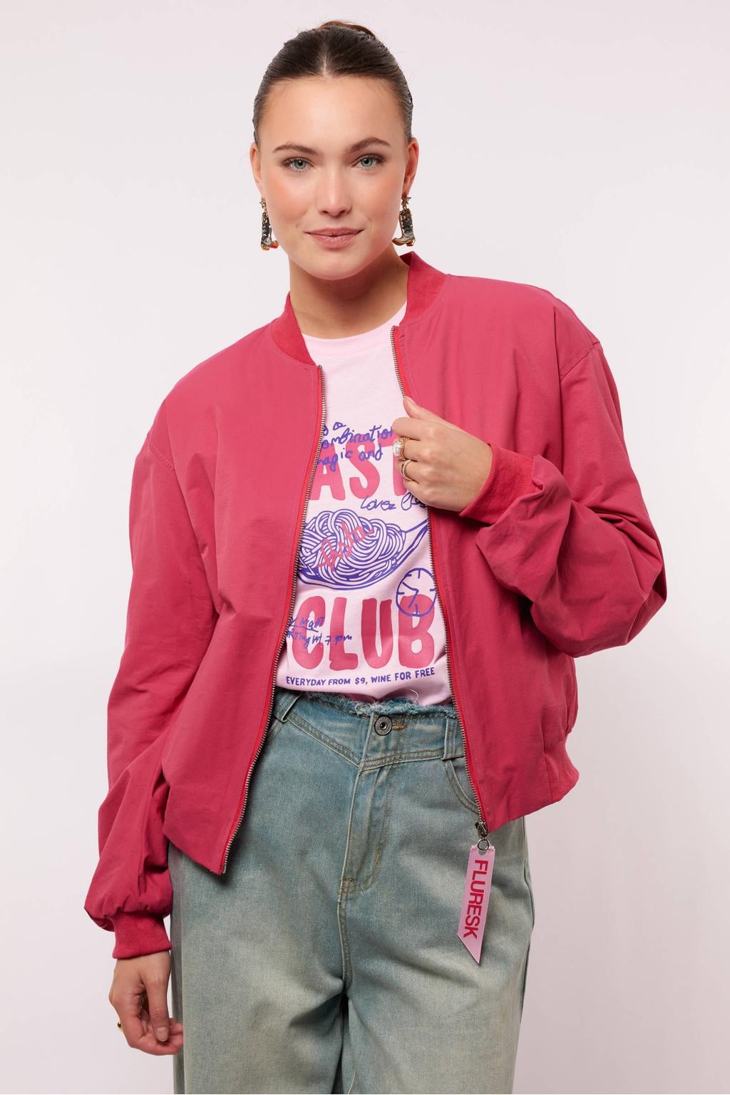 Roze dames FLURESK bomberjack van polyamide met effen, lange mouwen, opstaande kraag, ritssluiting en rijgdetail
