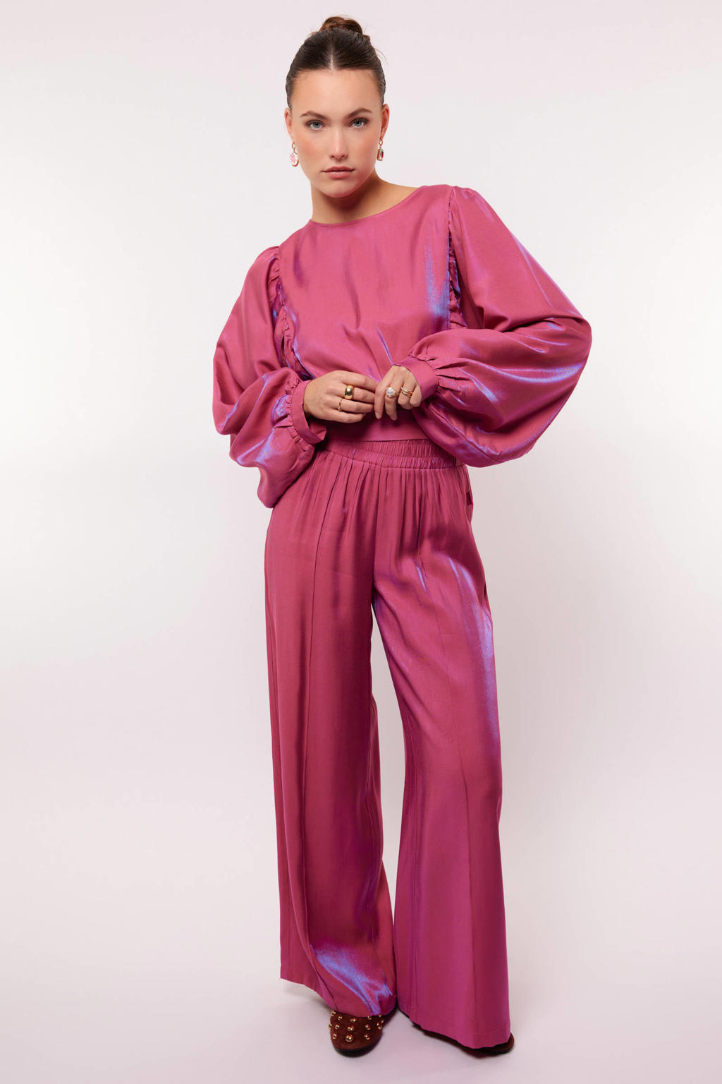 Roze dames FLURESK wide leg high waist broek van rayon met effen