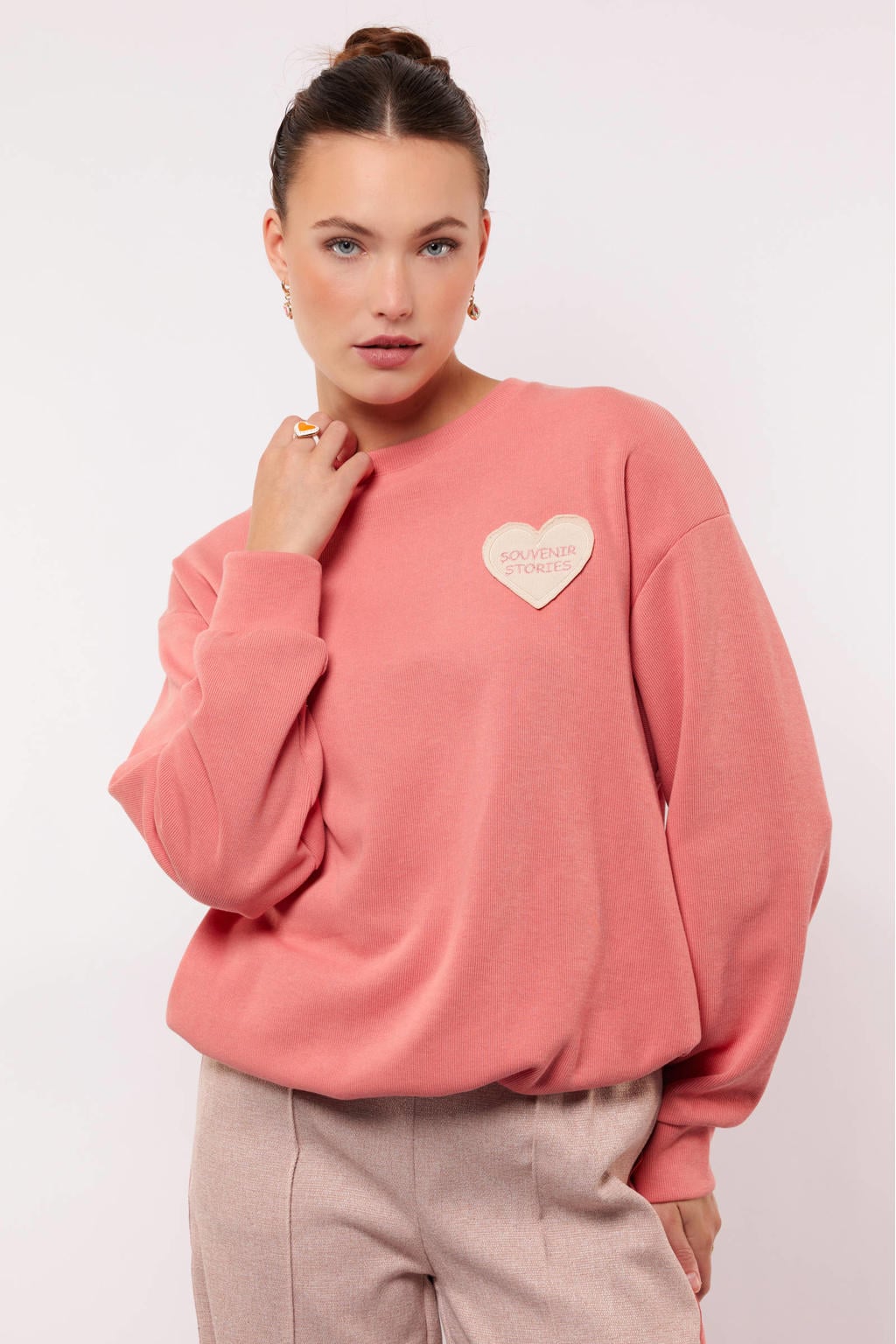 Roze dames FLURESK sweater met effen, lange mouwen en ronde hals
