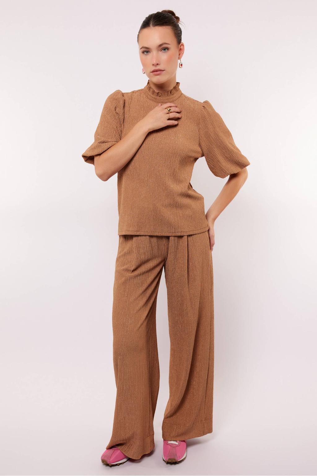 Bruine dames FLURESK wide leg high waist casual broek met elastische tailleband met koord en effen