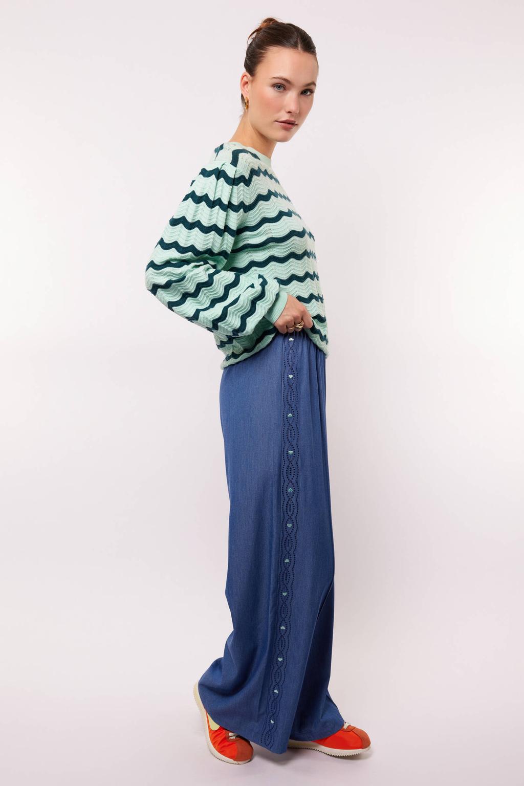 Donkerblauwe dames FLURESK wide leg high waist casual broek van viscose met effen