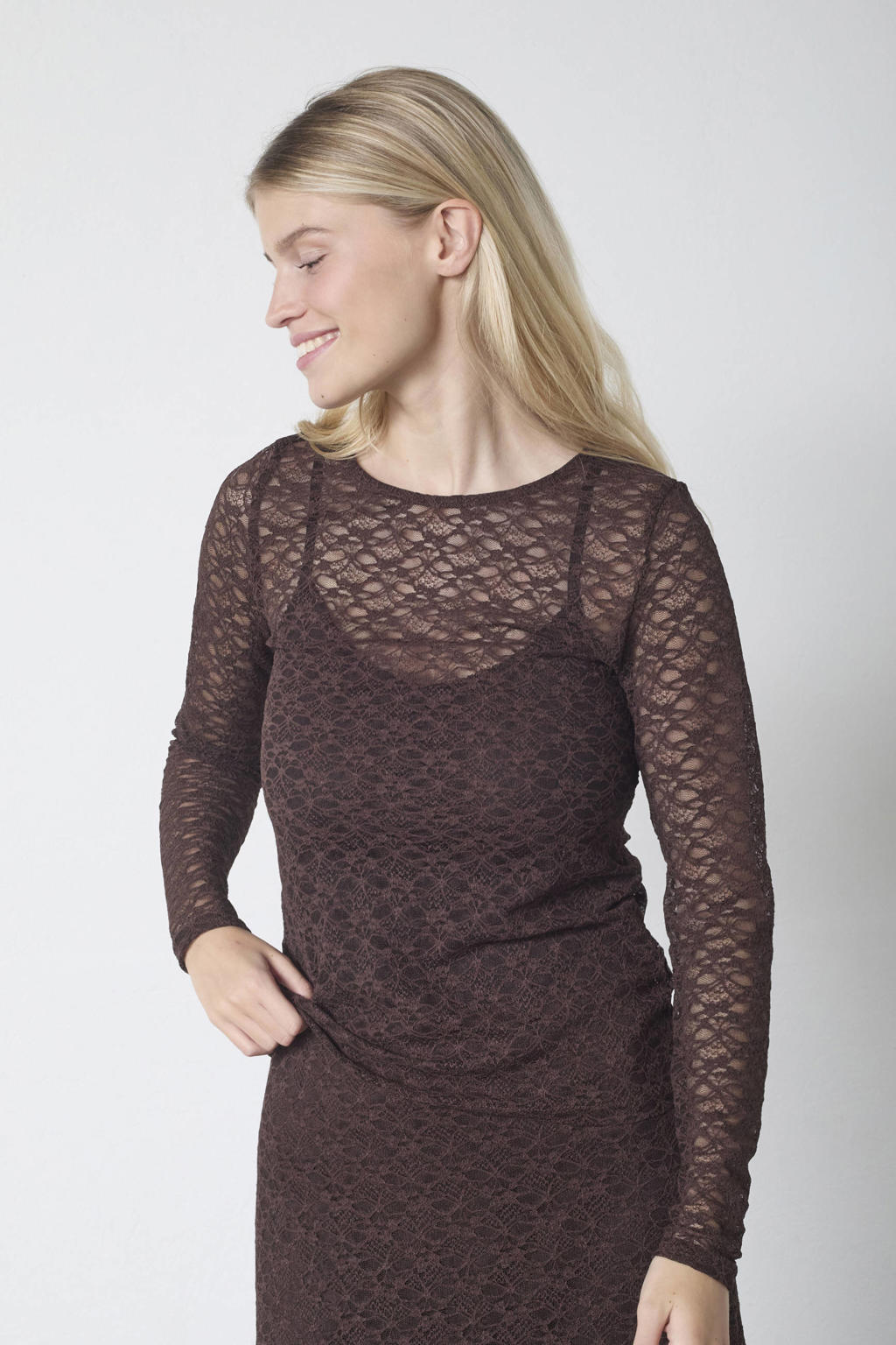 Donkerblauwe dames SisterS Point top van polyester met effen, lange mouwen, ronde hals en kant
