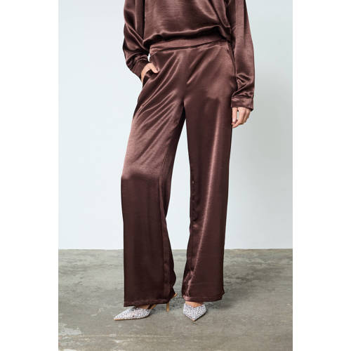 SisterS Point satijnen wide leg high waist casual broek bruin afbeelding