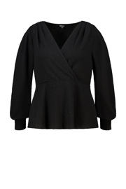 thumbnail: Zwarte dames MS Mode top van polyester met effen, lange mouwen en klassieke kraag