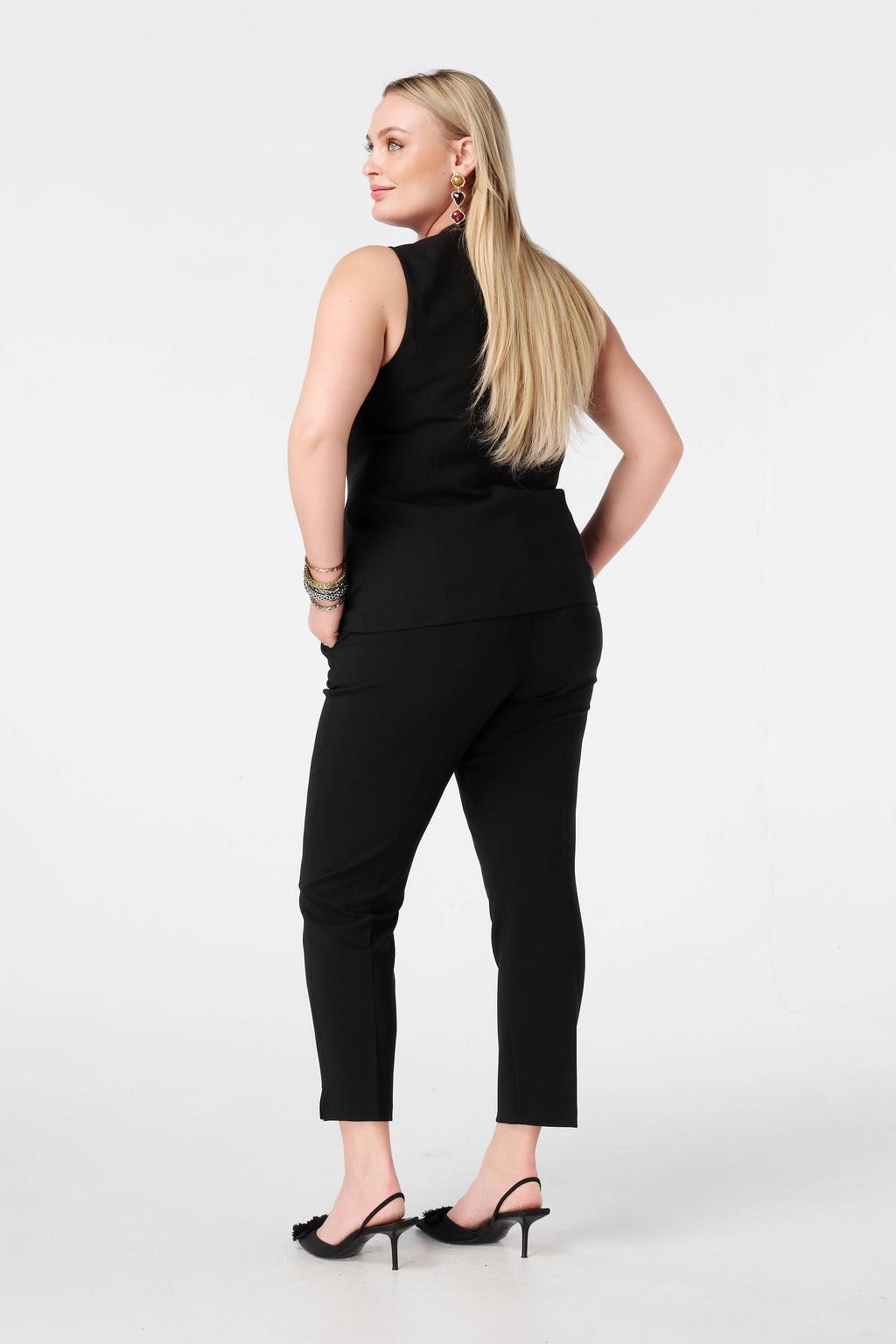 Zwarte dames MS Mode slim regular waist broek van polyester met effen