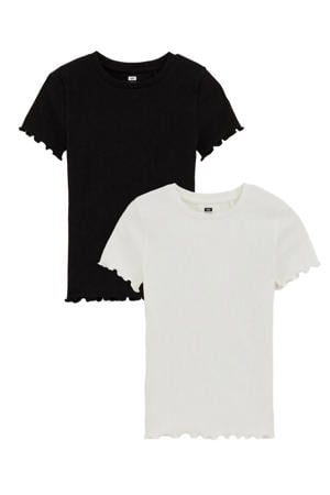 T-shirt - rib gebreid wit/zwart (set van 2)
