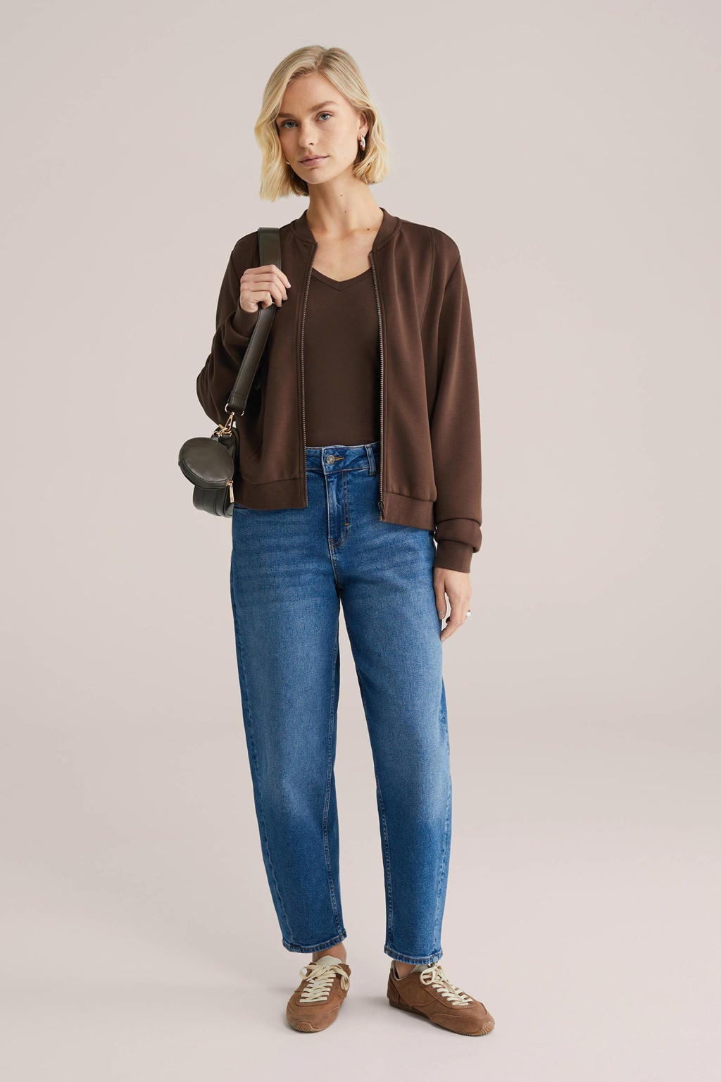 Donkerblauwe dames WE Fashion longsleeve van katoen met effen, lange mouwen en V-hals