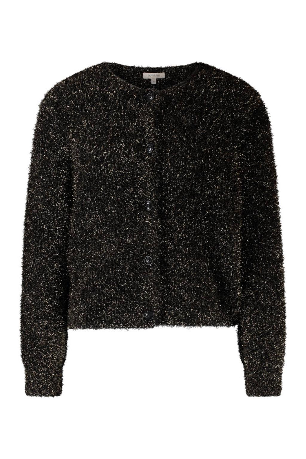 Zwarte dames Expresso gebreid vest met effen, lange mouwen, ronde hals, knoopsluiting en glitters