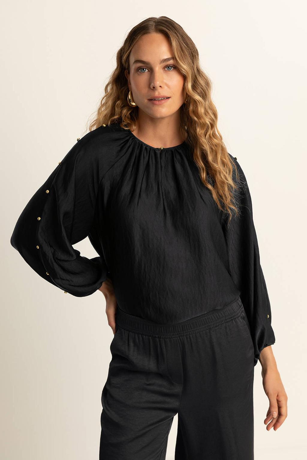 Zwarte dames Expresso blousetop van polyester met effen, lange mouwen, ronde hals, haaksluiting en studs