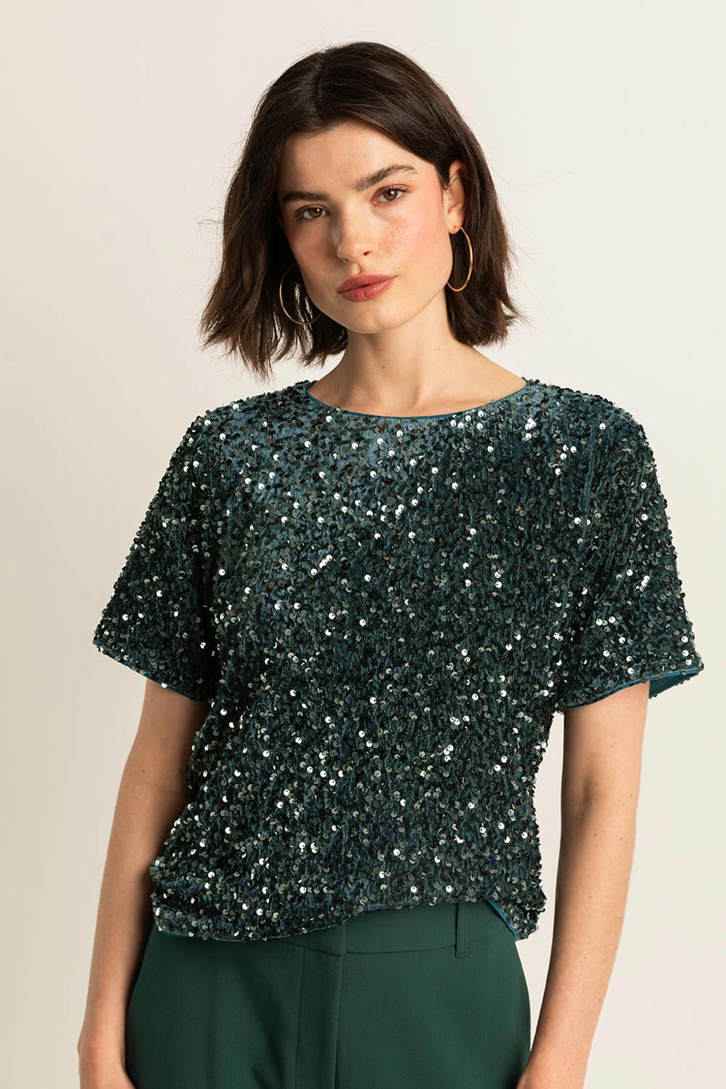 Donkergroene dames Expresso glitter top van polyester met korte mouwen en ronde hals