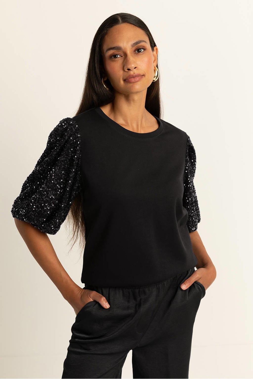 Zwarte dames Expresso glitter top van viscose met effen, korte mouwen, ronde hals en pailletten