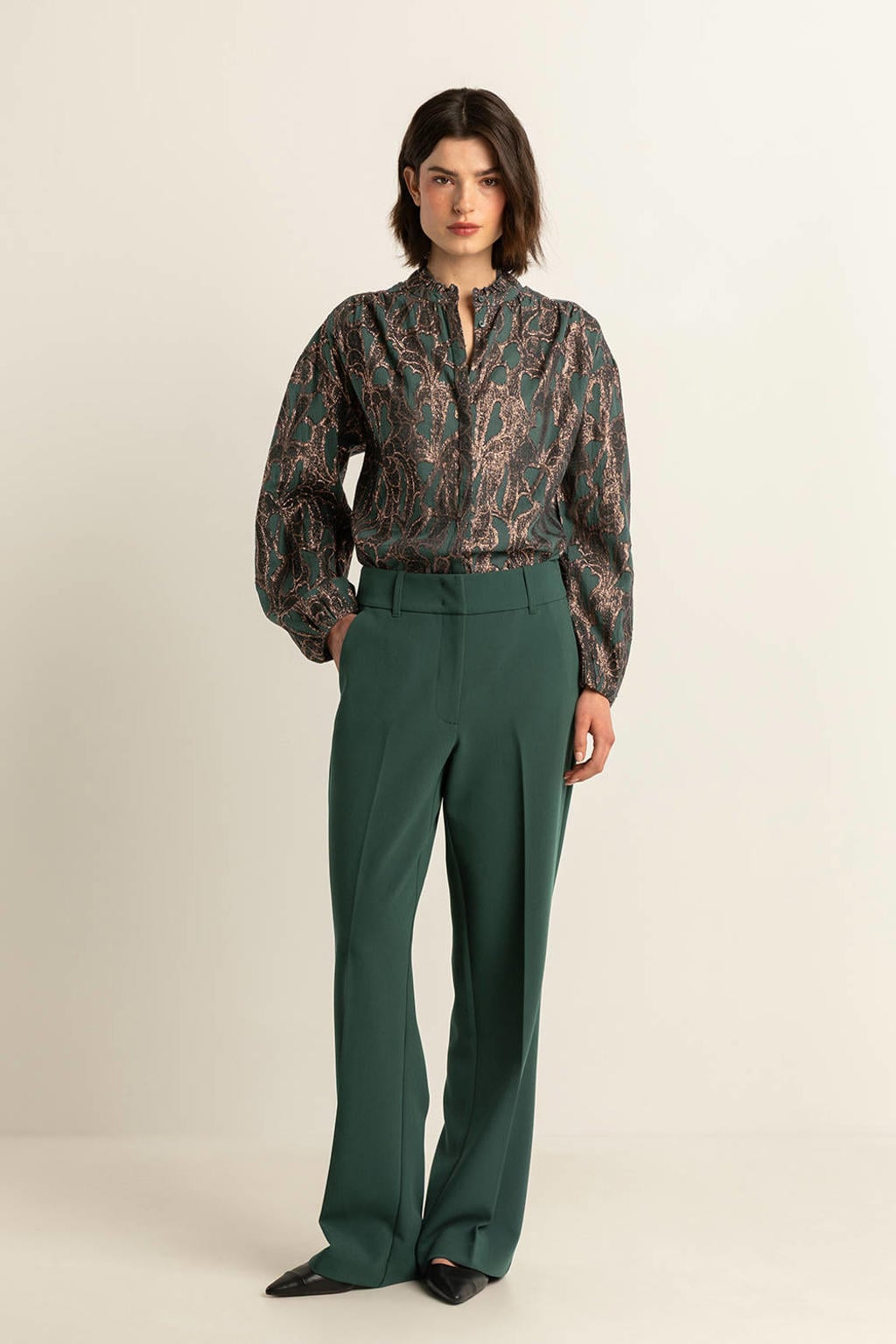 Donkergroene dames Expresso wide leg high waist pantalon met rits, haak- en knoopsluiting en effen