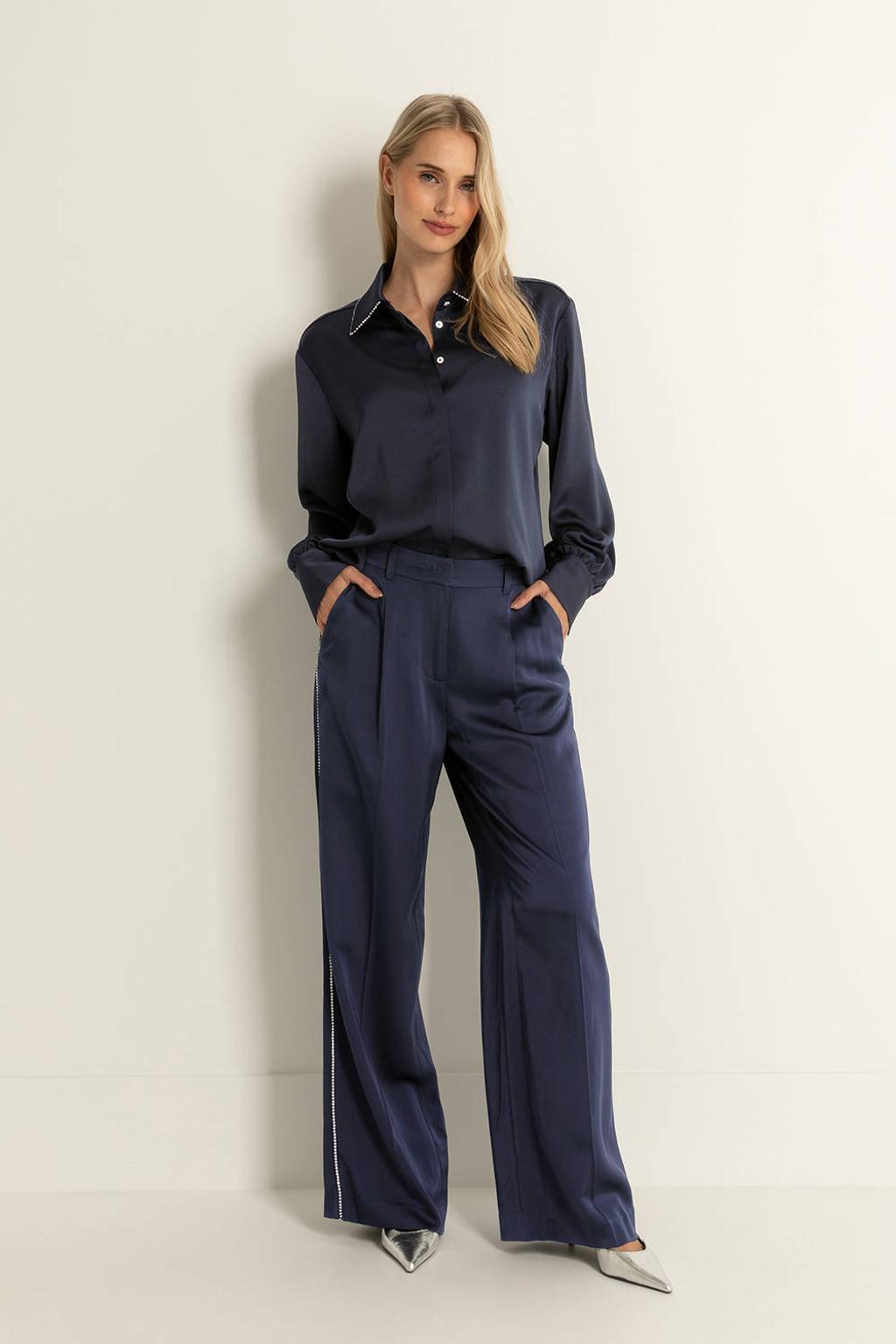 Donkerblauwe dames CLAUDIA BY CLAUDIA STRÄTER wide leg high waist pantalon van viscose met rits, haak- en knoopsluiting en effen