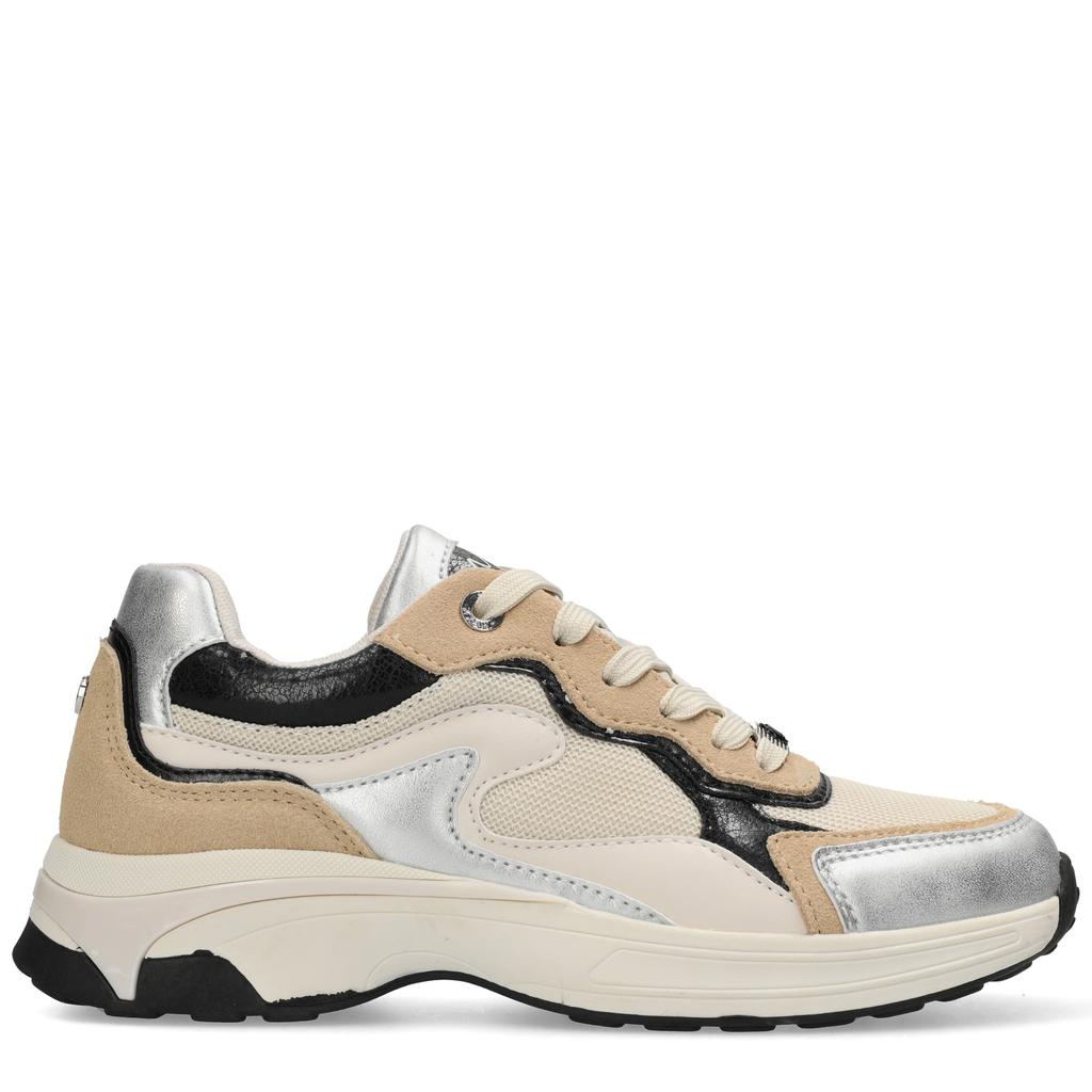 Beige en gouden dames Mexx Portia Love chunky sneakers van 40% polyurethaan/ 35% polyester / 25% leer met veters
