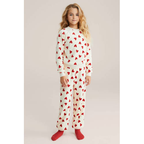 WE Fashion pyjama met hartjes print ecru/rood
