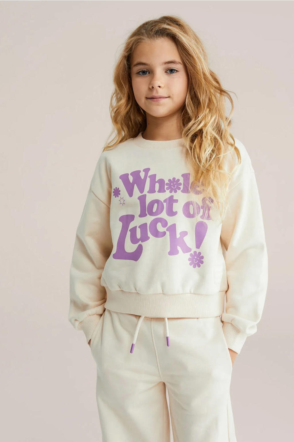Ecru meisjes WE Fashion sweater met printopdruk, lange mouwen, ronde hals en geribde boorden
