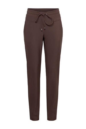 travelstof slim high waist casual broek donkerbruin