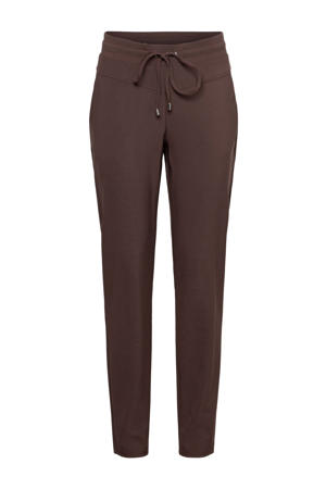 travelstof slim high waist casual broek donkerbruin