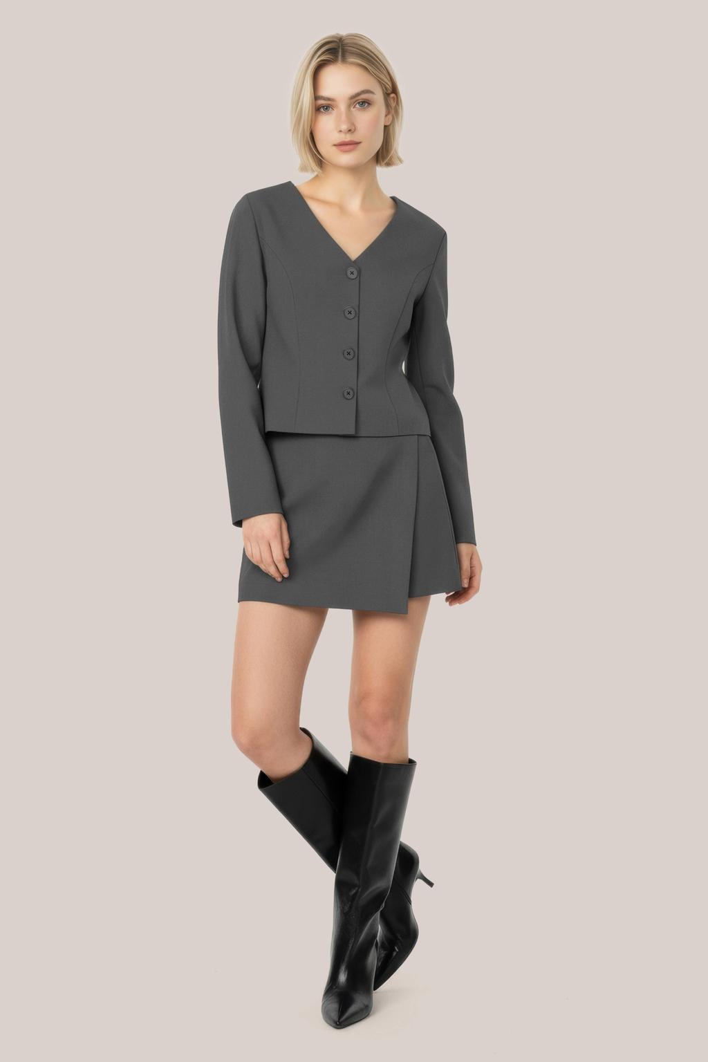 Grijze dames HYPEDROP cropped blazer van polyester met effen, lange mouwen, V-hals en knoopsluiting