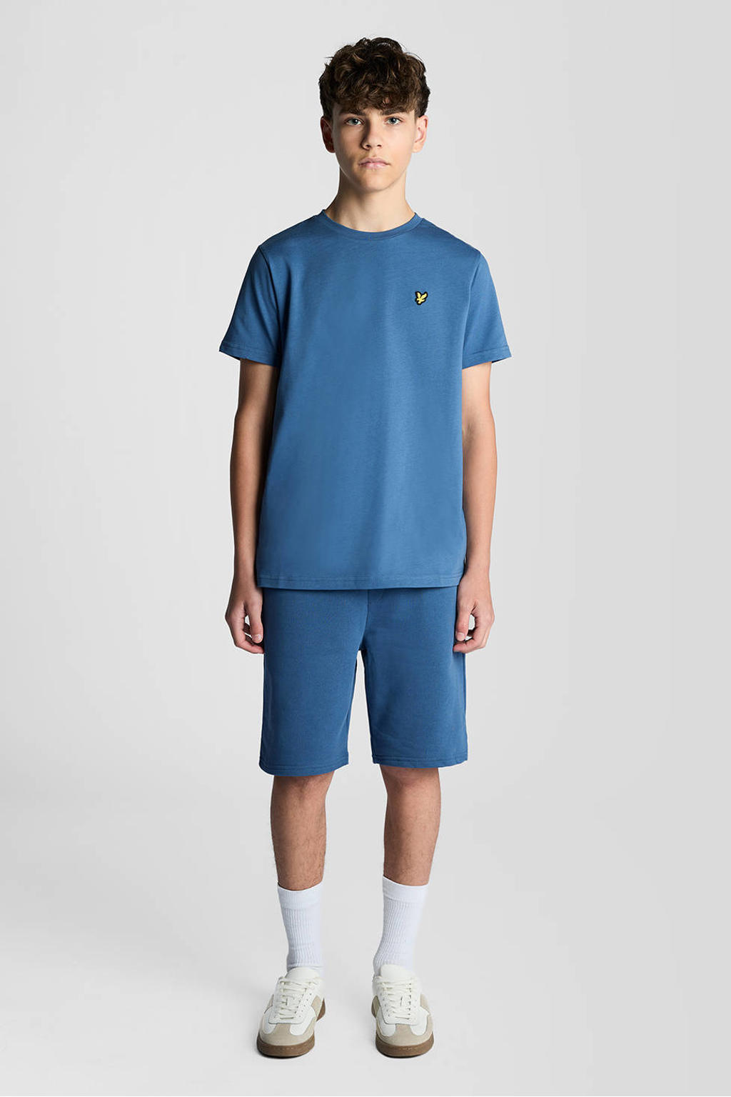 Donkerblauwe jongens Lyle & Scott T-shirt van katoen met effen, korte mouwen en ronde hals